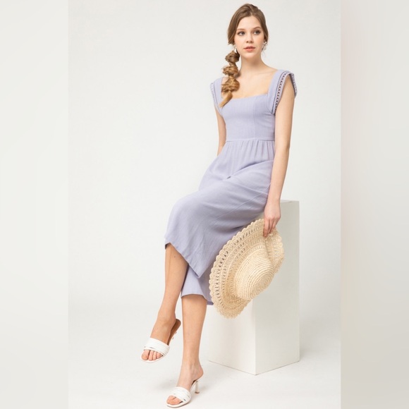 Entro | Layla Solid Smocked Cropped Jumpsuit Crochet Lilac Linen Purple Large - Picture 7 of 13